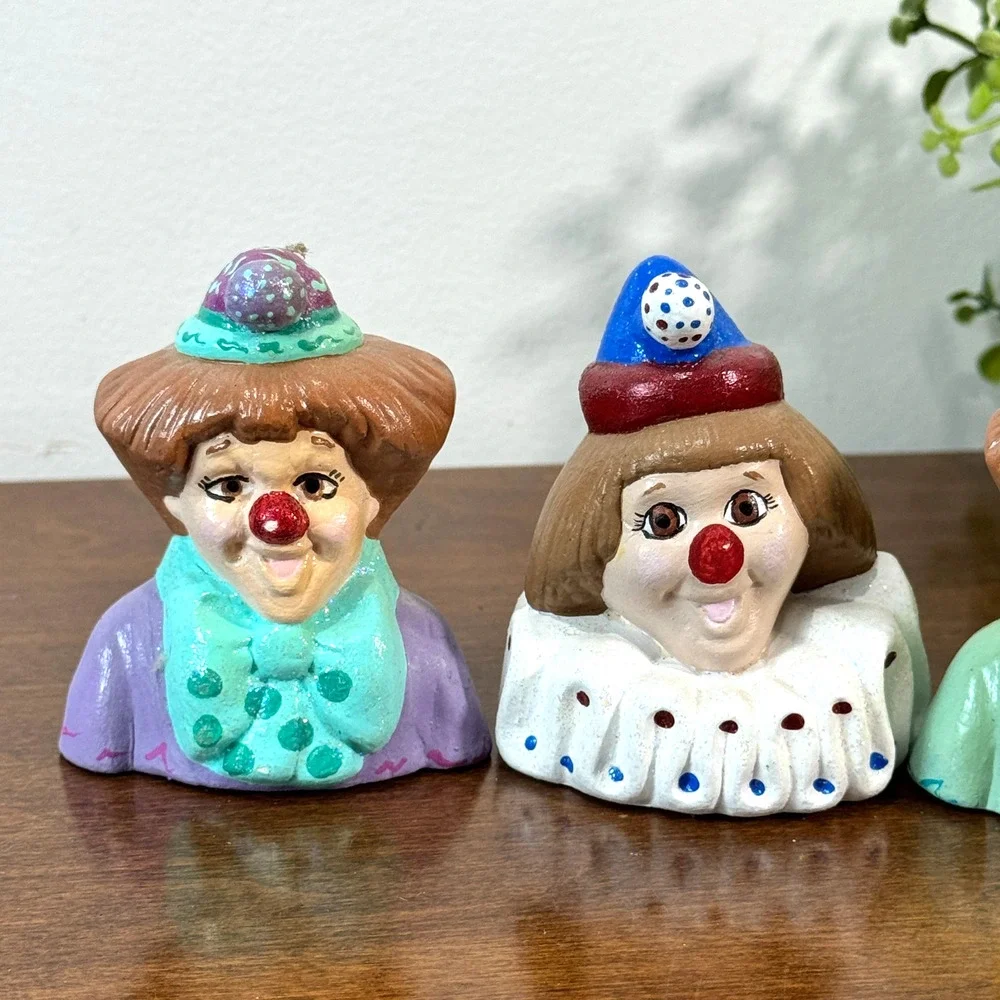 Vintage Handmade Ceramic Clown Cake Toppers Set of 4 Circus Heads Figurines
